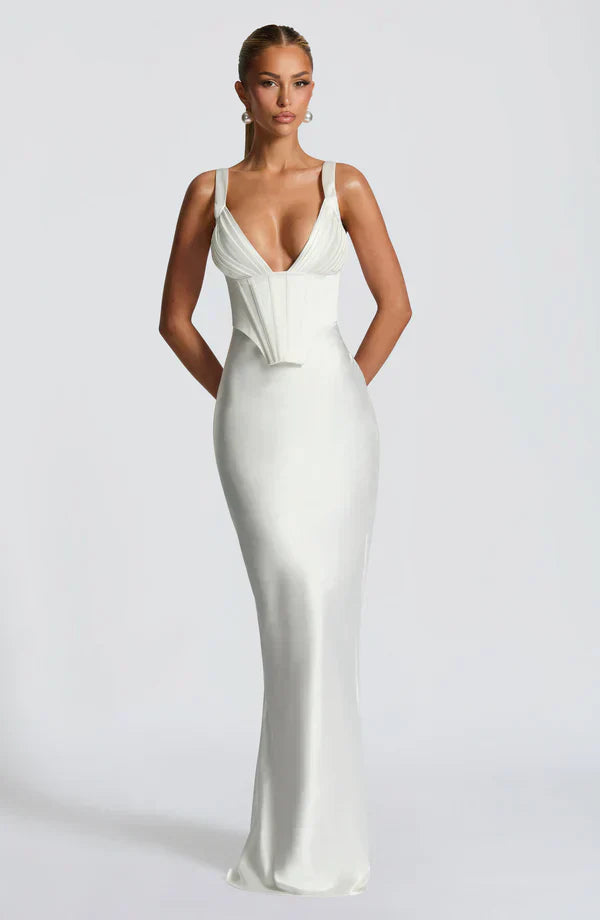 White Satin Maxi Dress with Plunge Neck