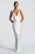White Satin Maxi Dress with Plunge Neck