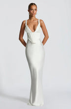White Satin Maxi Dress with Plunge Neck