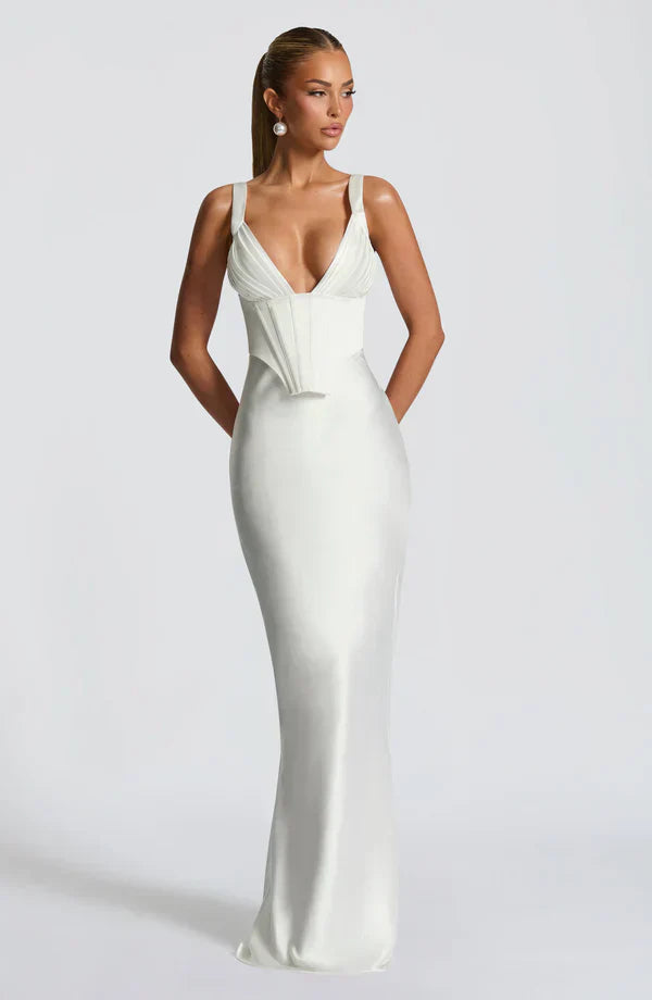 White Satin Maxi Dress with Plunge Neck
