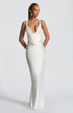 White Satin Maxi Dress with Plunge Neck