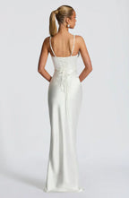 White Satin Maxi Dress with Plunge Neck
