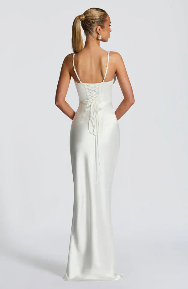 White Satin Maxi Dress with Plunge Neck