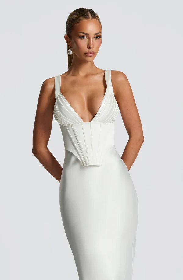 White Satin Maxi Dress with Plunge Neck