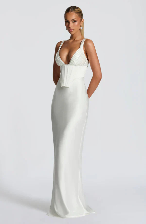 White Satin Maxi Dress with Plunge Neck