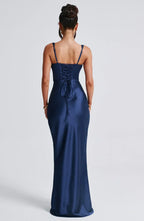 Navy Maxi Dress – Corset Bodice – Pleated Cups – Satin Finish – Women’s Evening Style