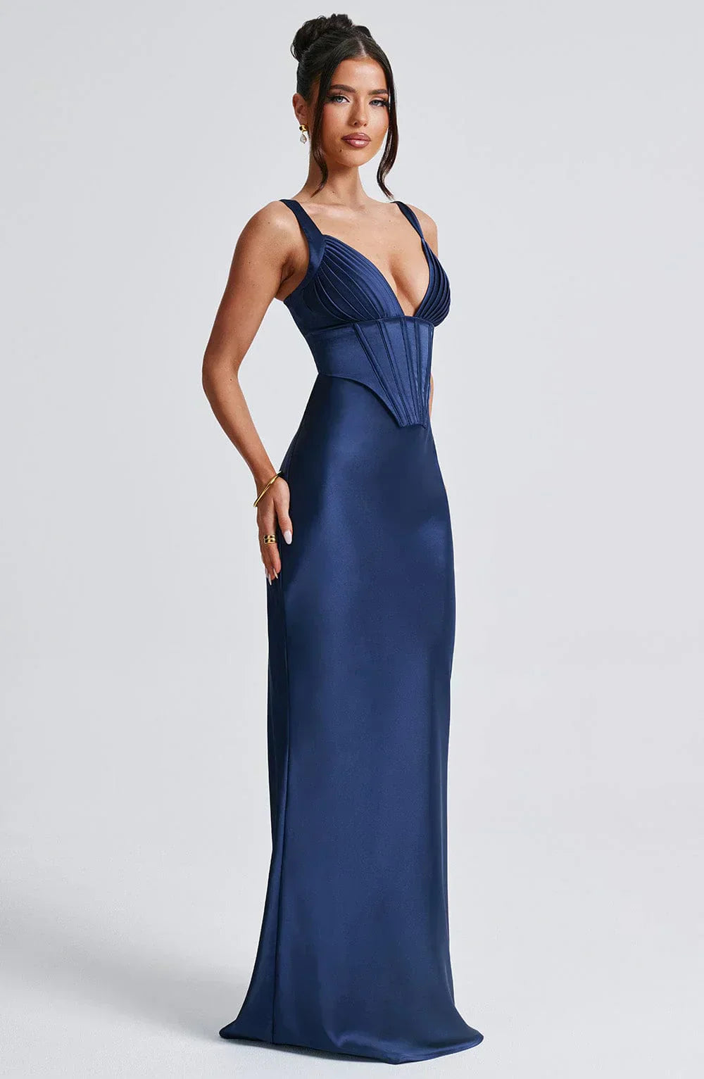 Navy Maxi Dress – Corset Bodice – Pleated Cups – Satin Finish – Women’s Evening Style