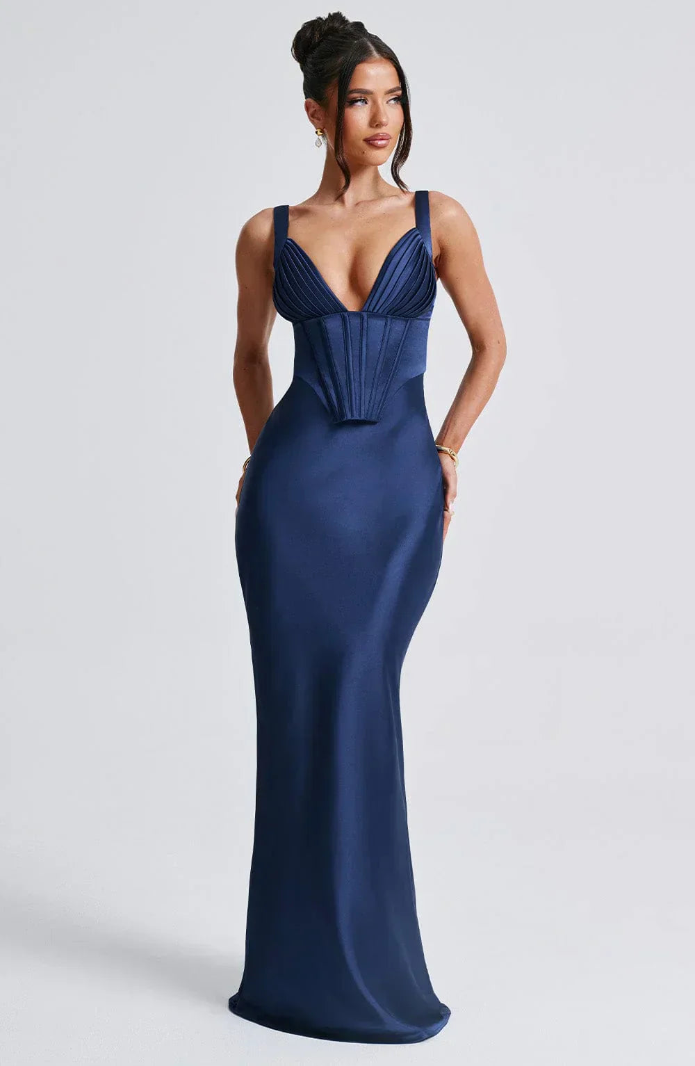 Navy Maxi Dress – Corset Bodice – Pleated Cups – Satin Finish – Women’s Evening Style