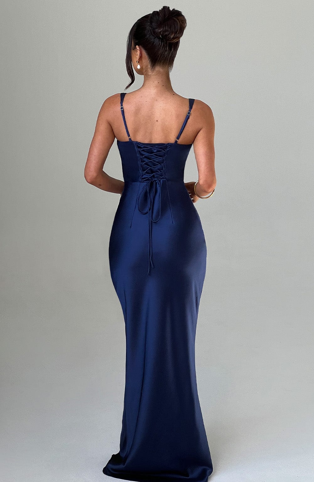 Navy Maxi Dress – Corset Bodice – Pleated Cups – Satin Finish – Women’s Evening Style