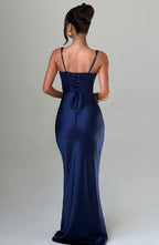 Navy Maxi Dress – Corset Bodice – Pleated Cups – Satin Finish – Women’s Evening Style