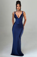 Navy Maxi Dress – Corset Bodice – Pleated Cups – Satin Finish – Women’s Evening Style