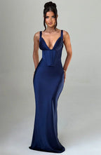 Navy Maxi Dress – Corset Bodice – Pleated Cups – Satin Finish – Women’s Evening Style