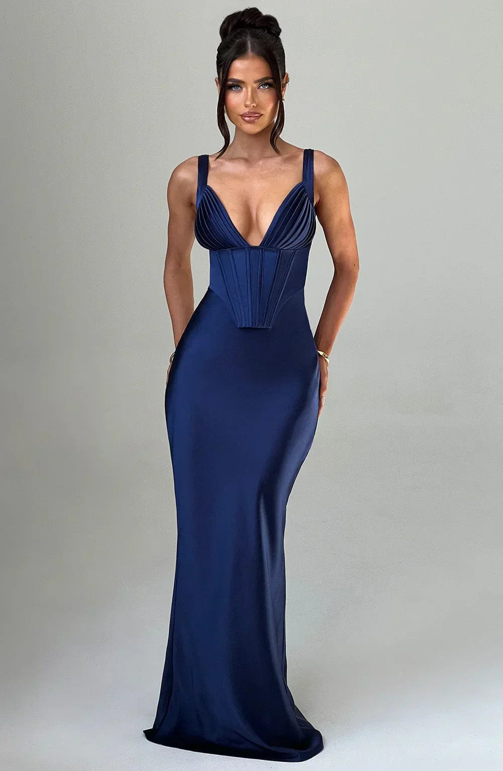 Navy Maxi Dress – Corset Bodice – Pleated Cups – Satin Finish – Women’s Evening Style