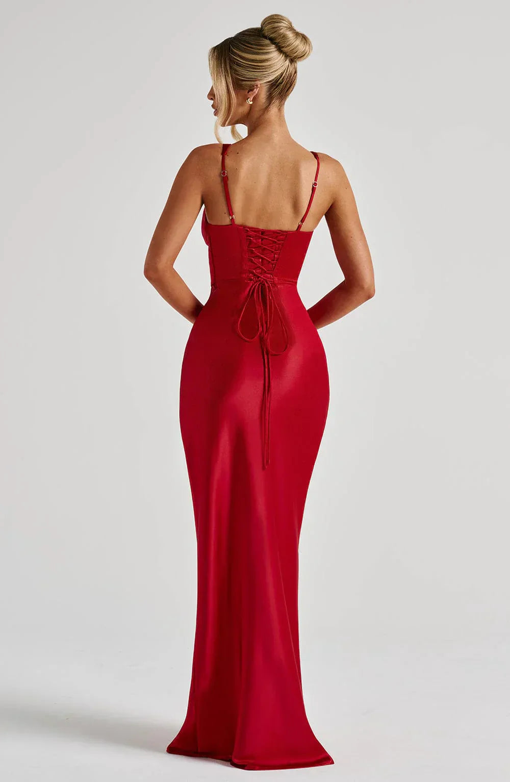 Red Maxi Dress – Corset Bodice – Pleated Cups – Satin Finish – Women’s Evening Style
