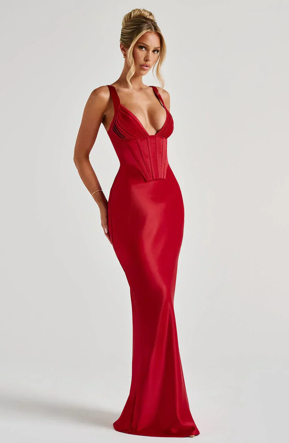 Red Maxi Dress – Corset Bodice – Pleated Cups – Satin Finish – Women’s Evening Style