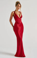 Red Maxi Dress – Corset Bodice – Pleated Cups – Satin Finish – Women’s Evening Style