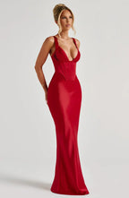 Red Maxi Dress – Corset Bodice – Pleated Cups – Satin Finish – Women’s Evening Style