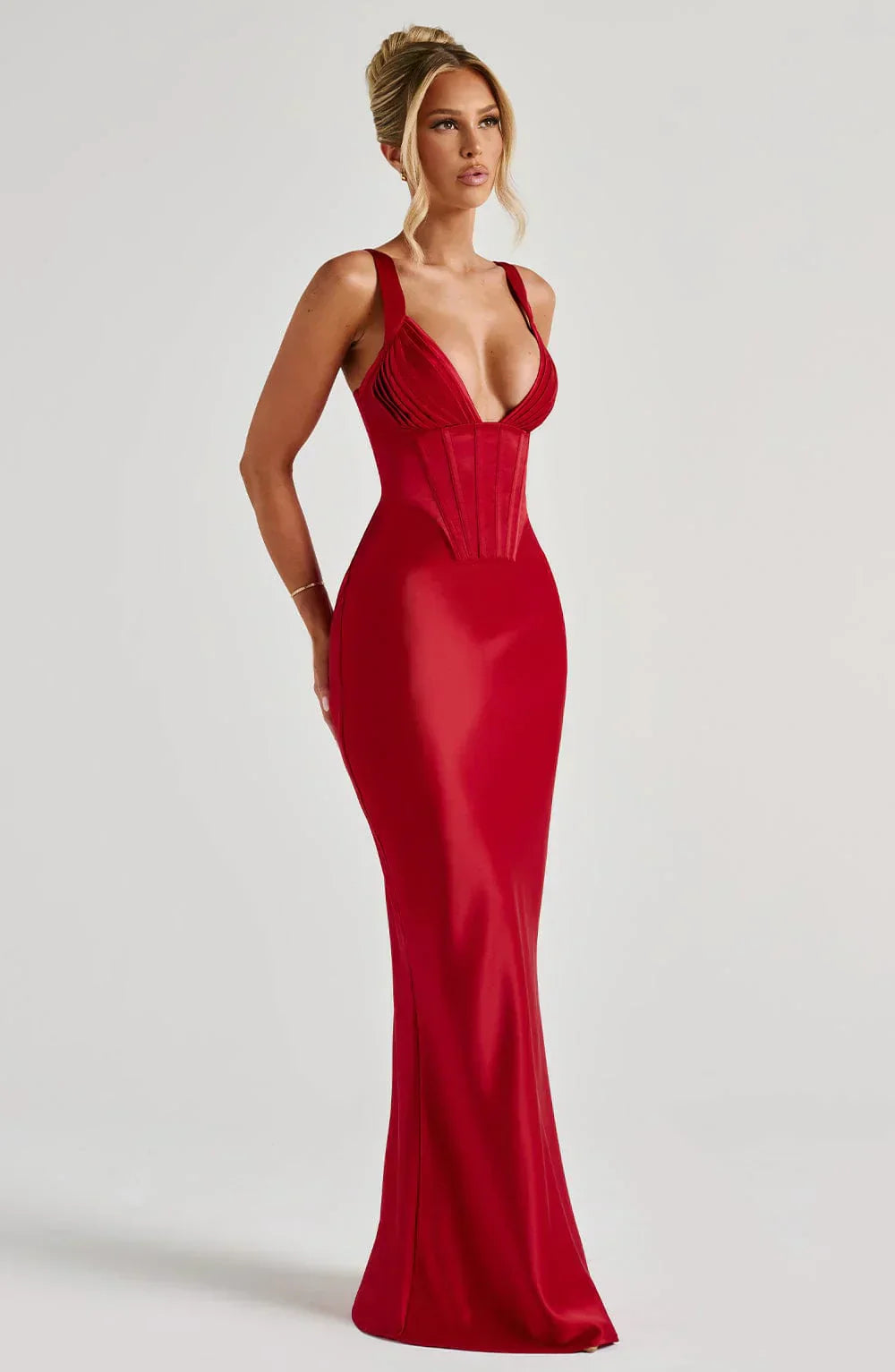 Red Maxi Dress – Corset Bodice – Pleated Cups – Satin Finish – Women’s Evening Style