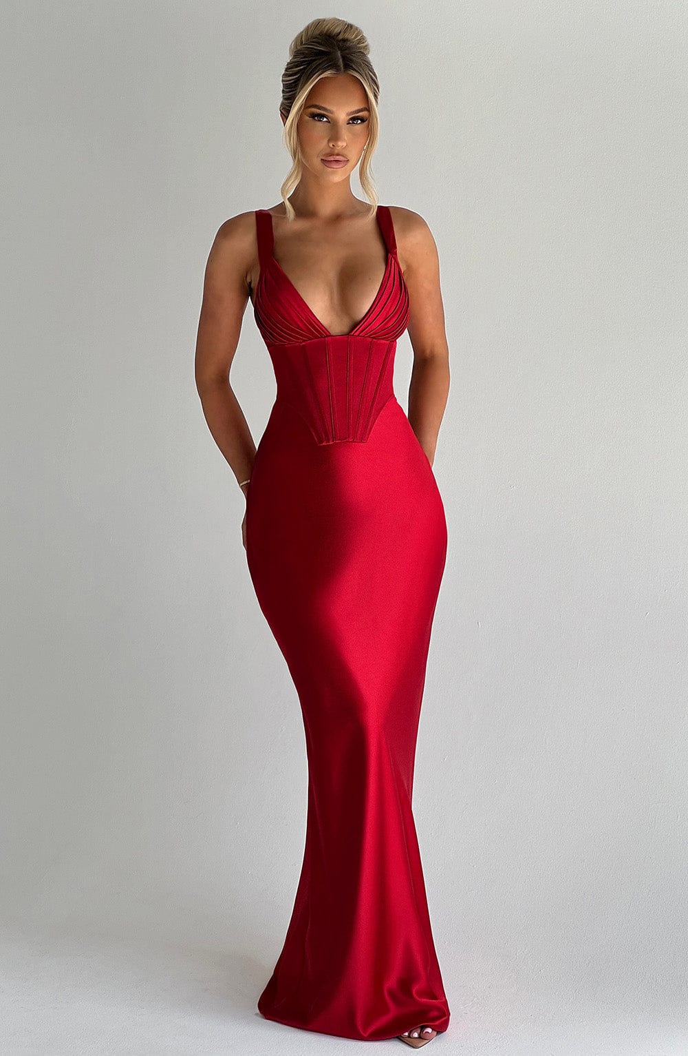 Red Maxi Dress – Corset Bodice – Pleated Cups – Satin Finish – Women’s Evening Style