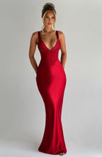 Red Maxi Dress – Corset Bodice – Pleated Cups – Satin Finish – Women’s Evening Style