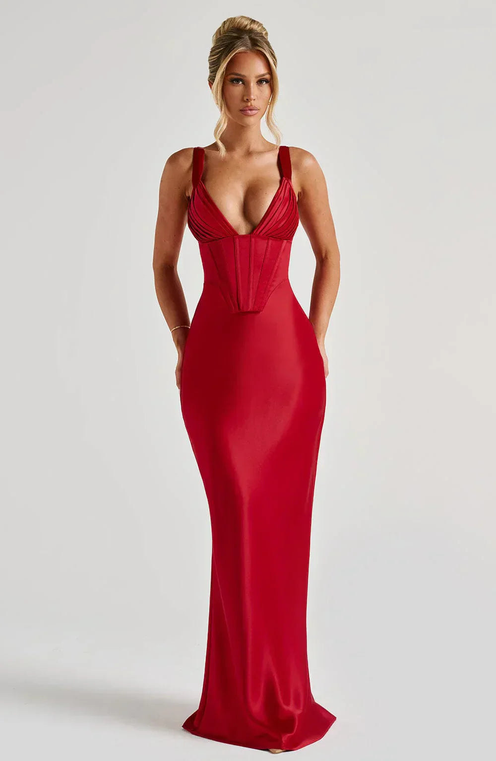 Red Maxi Dress – Corset Bodice – Pleated Cups – Satin Finish – Women’s Evening Style