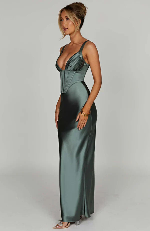 Green Satin Maxi Dress with Halter Neck