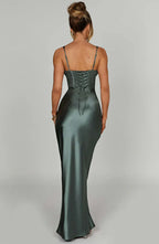 Green Satin Maxi Dress with Halter Neck