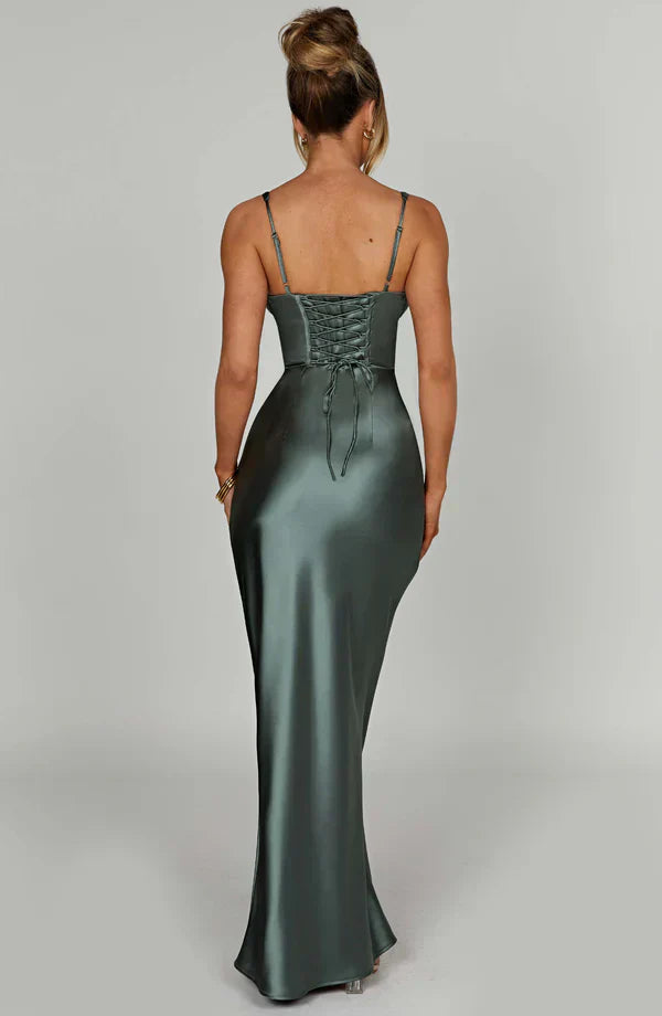 Green Satin Maxi Dress with Halter Neck