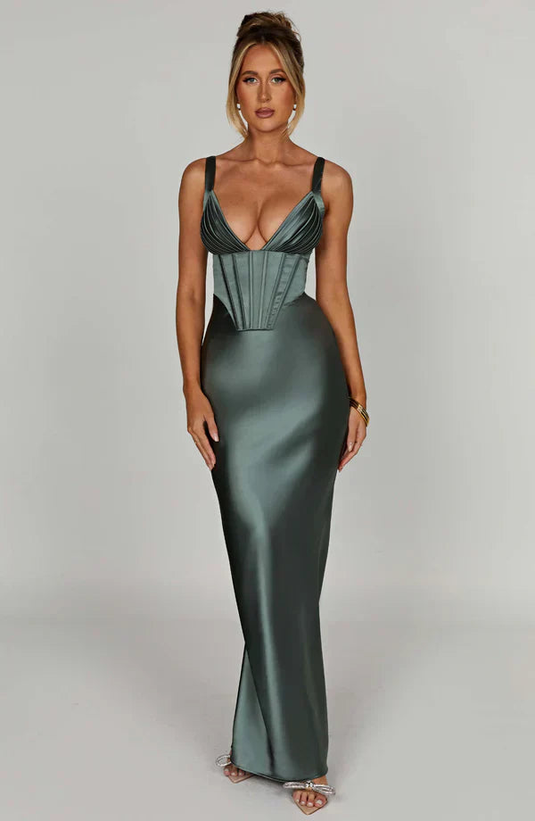 Green Satin Maxi Dress with Halter Neck