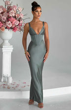 Green Satin Maxi Dress with Halter Neck
