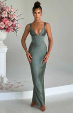 Green Satin Maxi Dress with Halter Neck