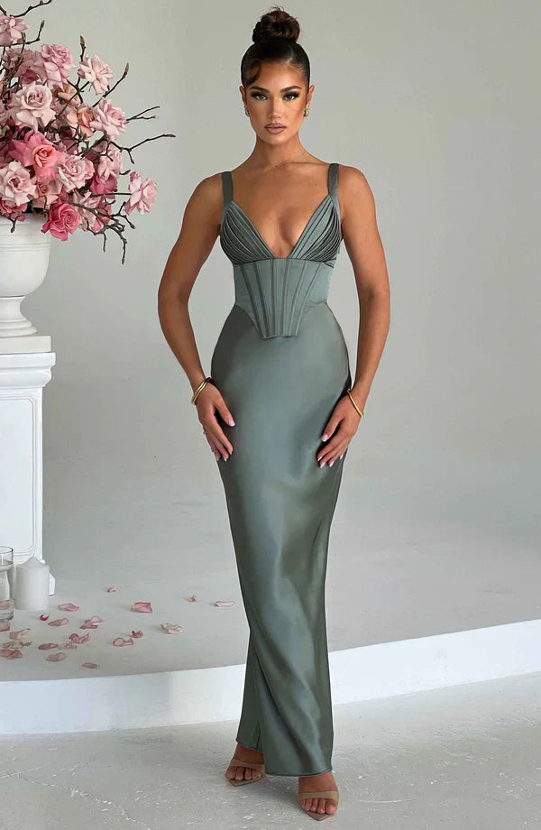 Green Satin Maxi Dress with Halter Neck
