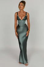 Green Satin Maxi Dress with Halter Neck