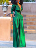 Women's Metallic Wide-Leg Jumpsuit with Wrap V-Neck