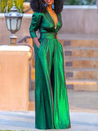 Women's Metallic Wide-Leg Jumpsuit with Wrap V-Neck
