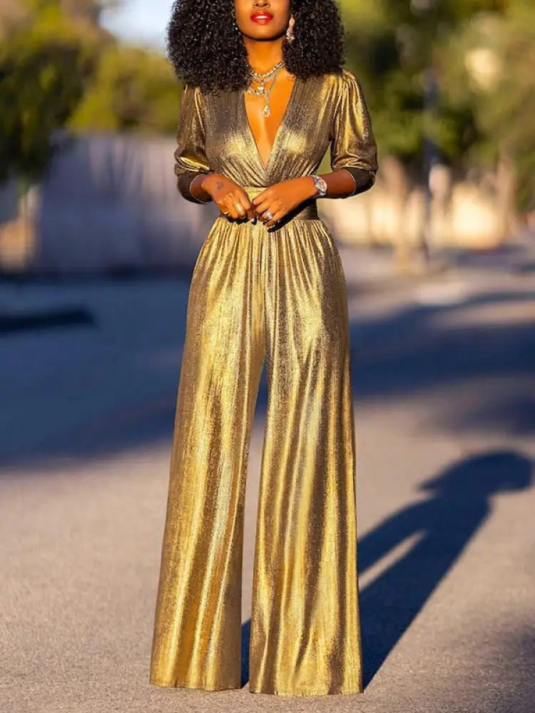 Women's Metallic Wide-Leg Jumpsuit with Wrap V-Neck