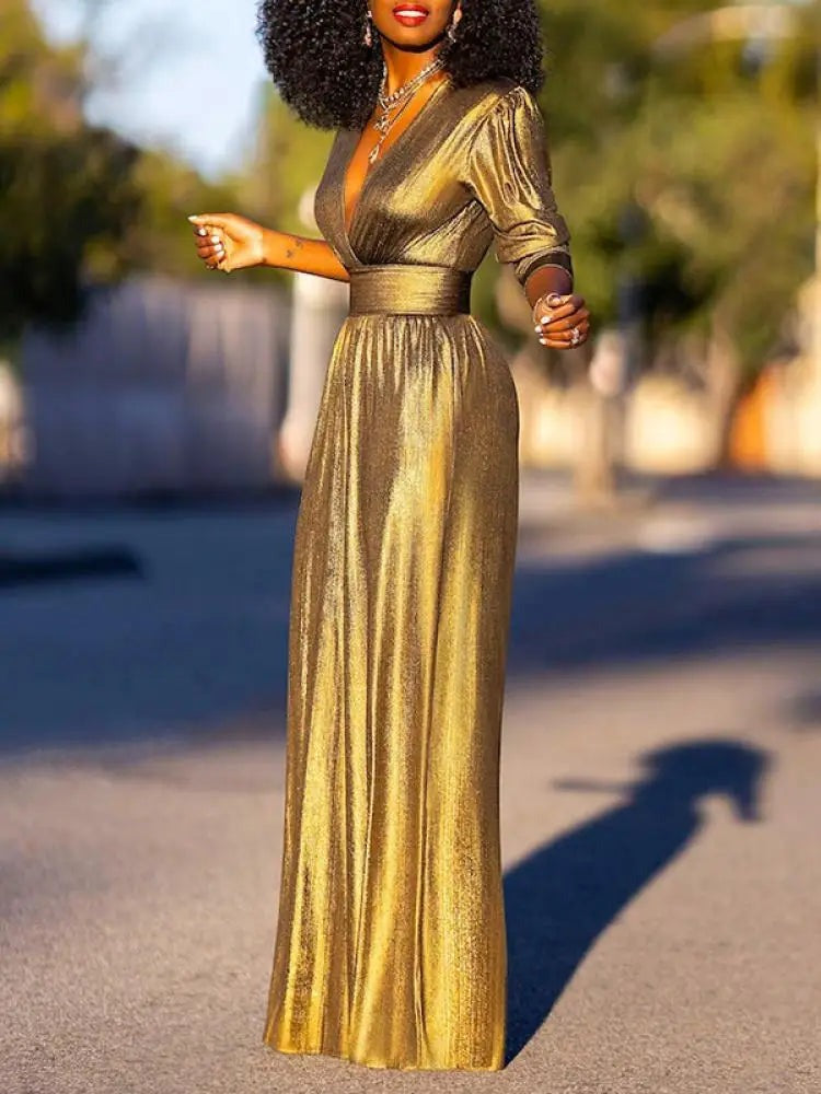 Women's Metallic Wide-Leg Jumpsuit with Wrap V-Neck