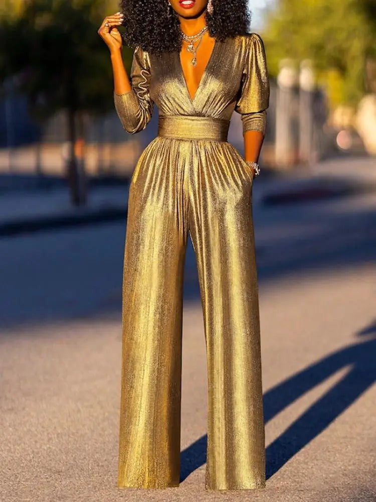 Women's Metallic Wide-Leg Jumpsuit with Wrap V-Neck