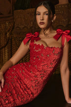 Red Lace Maxi Dress with Velvet Bow Straps