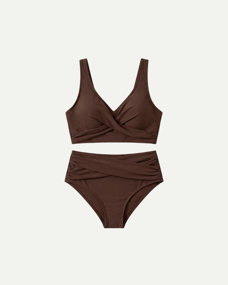 Women's V-Neck Bikini Swimwear with Ruched High-Waist Bottom