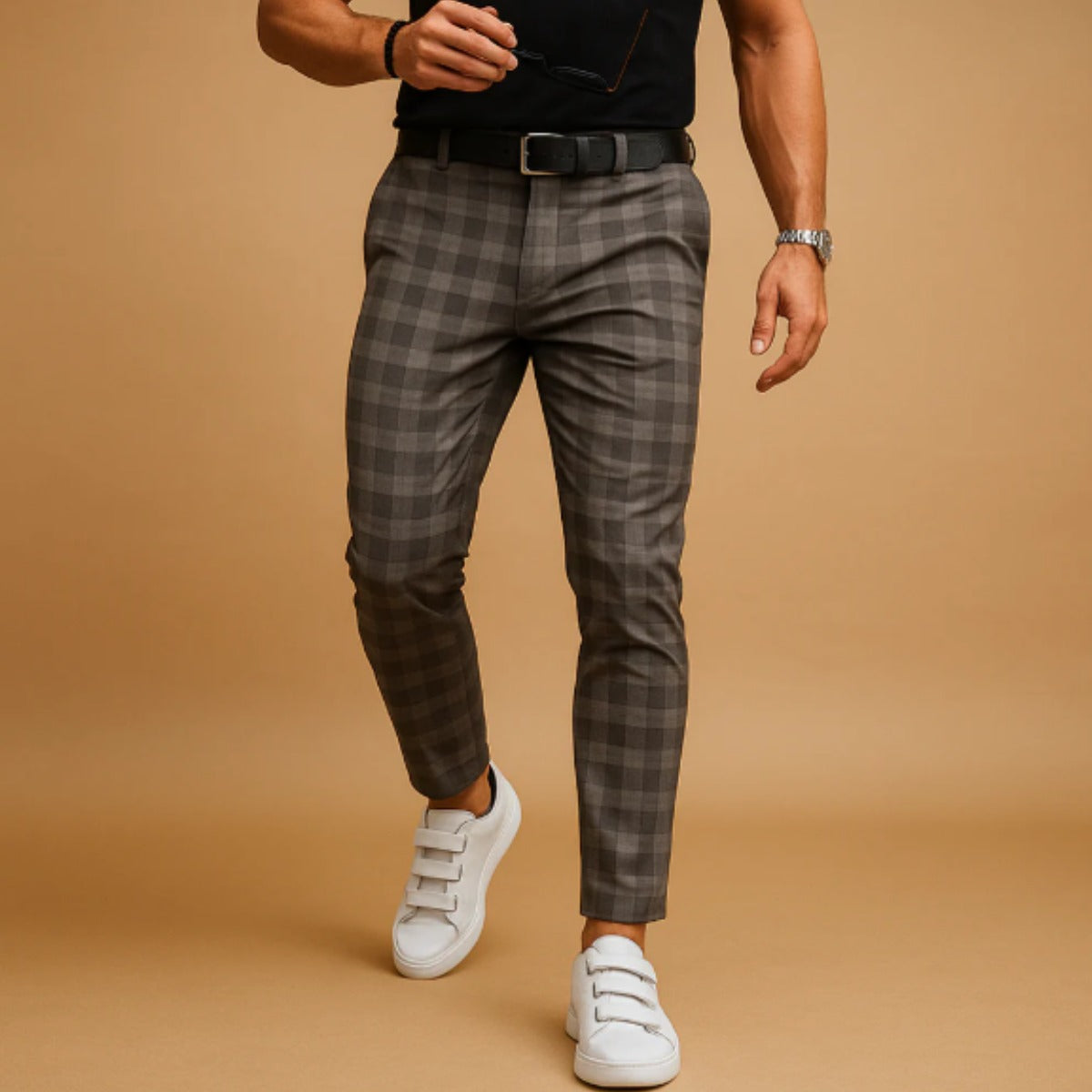Men's Slim Fit Checked Pants with Zip Closure