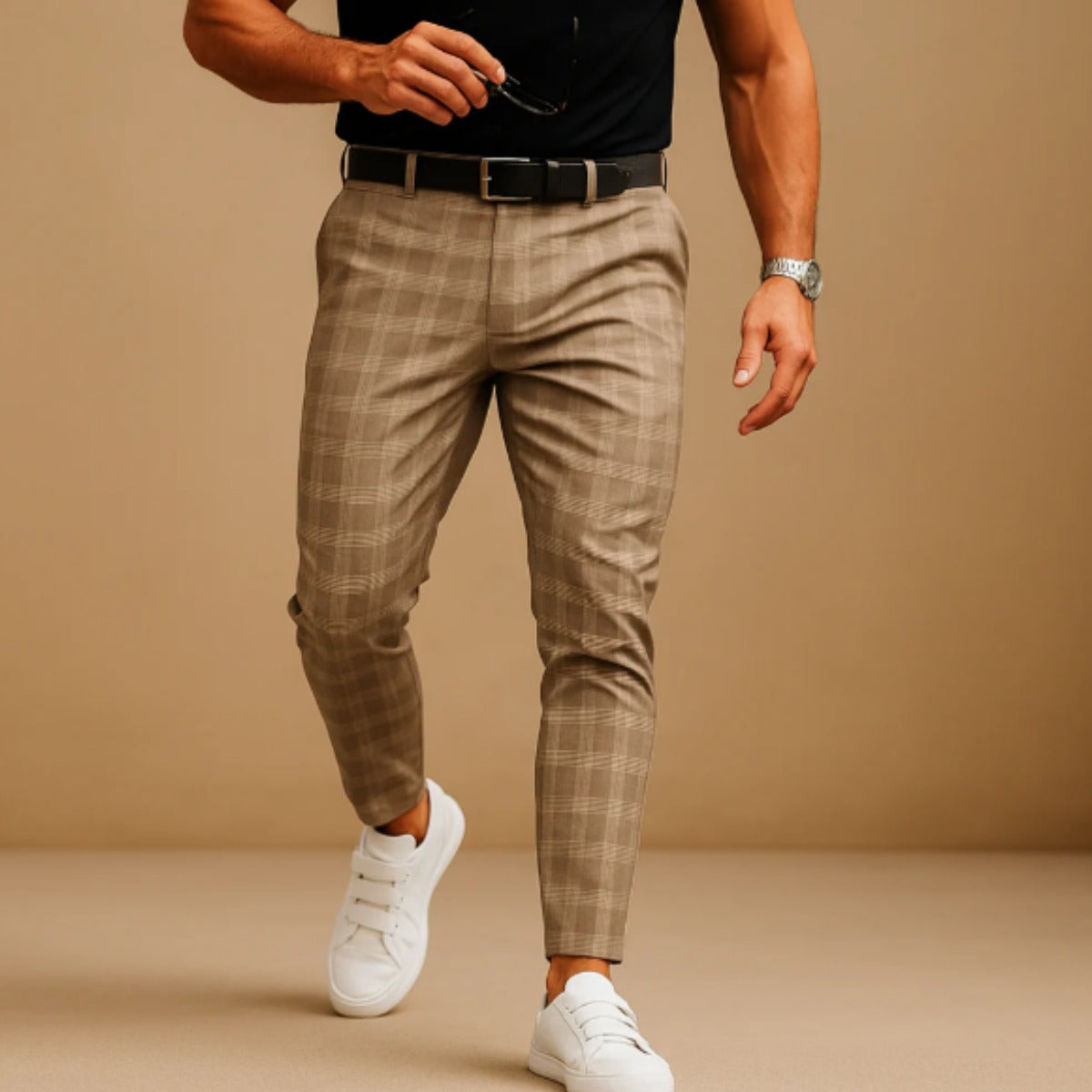 Men's Slim Fit Checked Pants with Zip Closure