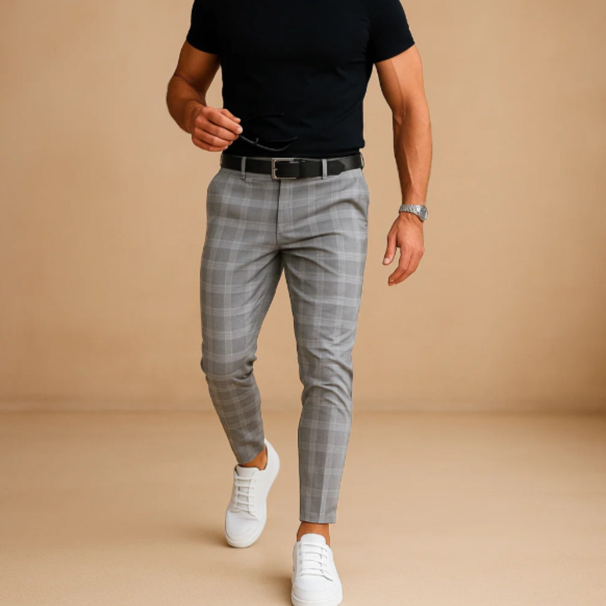 Men's Slim Fit Checked Pants with Zip Closure