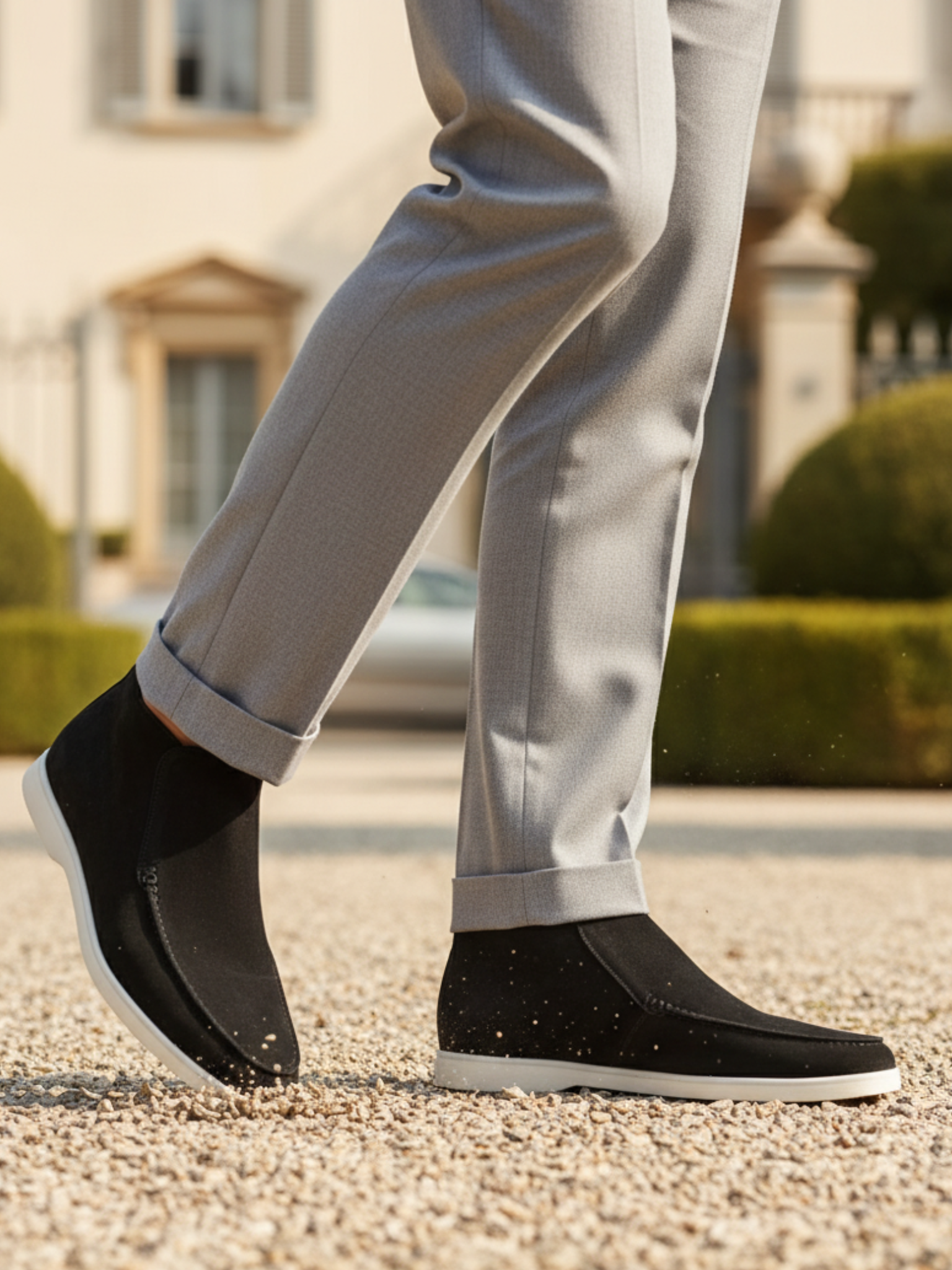 Men's Neutral Suede Slip-On Ankle Boots with Moccasin Stitching