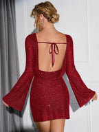 Red Mini Dress with Open Back and Bell Sleeves