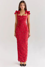 Red Lace Maxi Dress with Velvet Bow Straps
