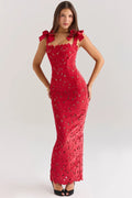 Red Lace Maxi Dress with Velvet Bow Straps