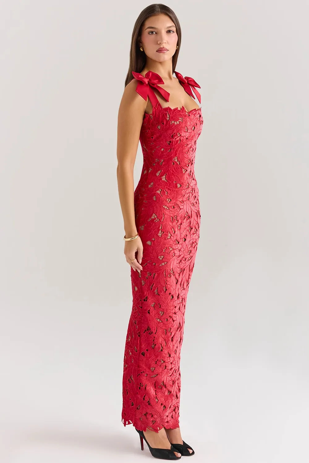 Red Lace Maxi Dress with Velvet Bow Straps