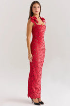 Red Lace Maxi Dress with Velvet Bow Straps
