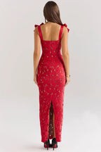 Red Lace Maxi Dress with Velvet Bow Straps